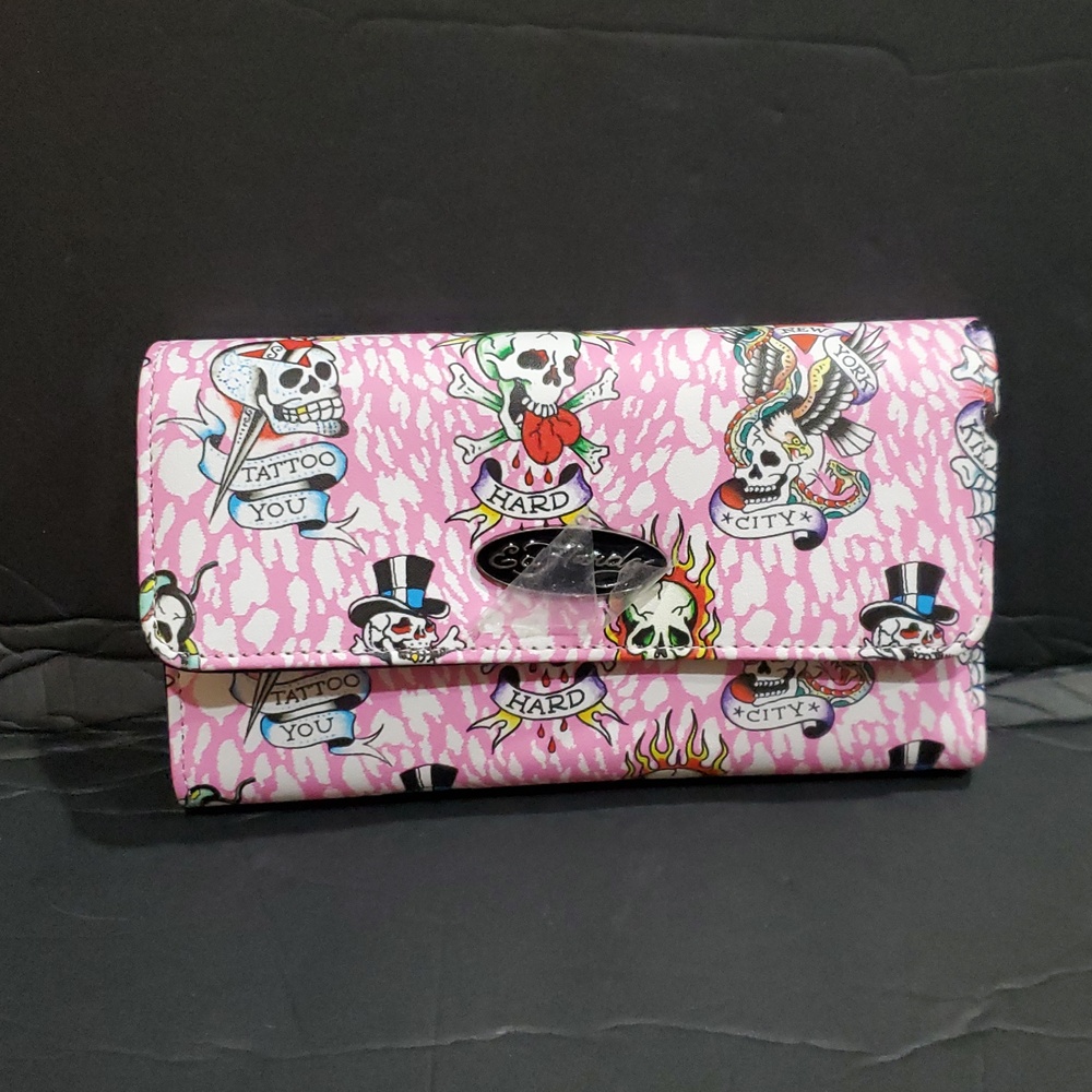 Ed Hardy pink white spotted goth skull imagery printed trifold long‎ wallet new